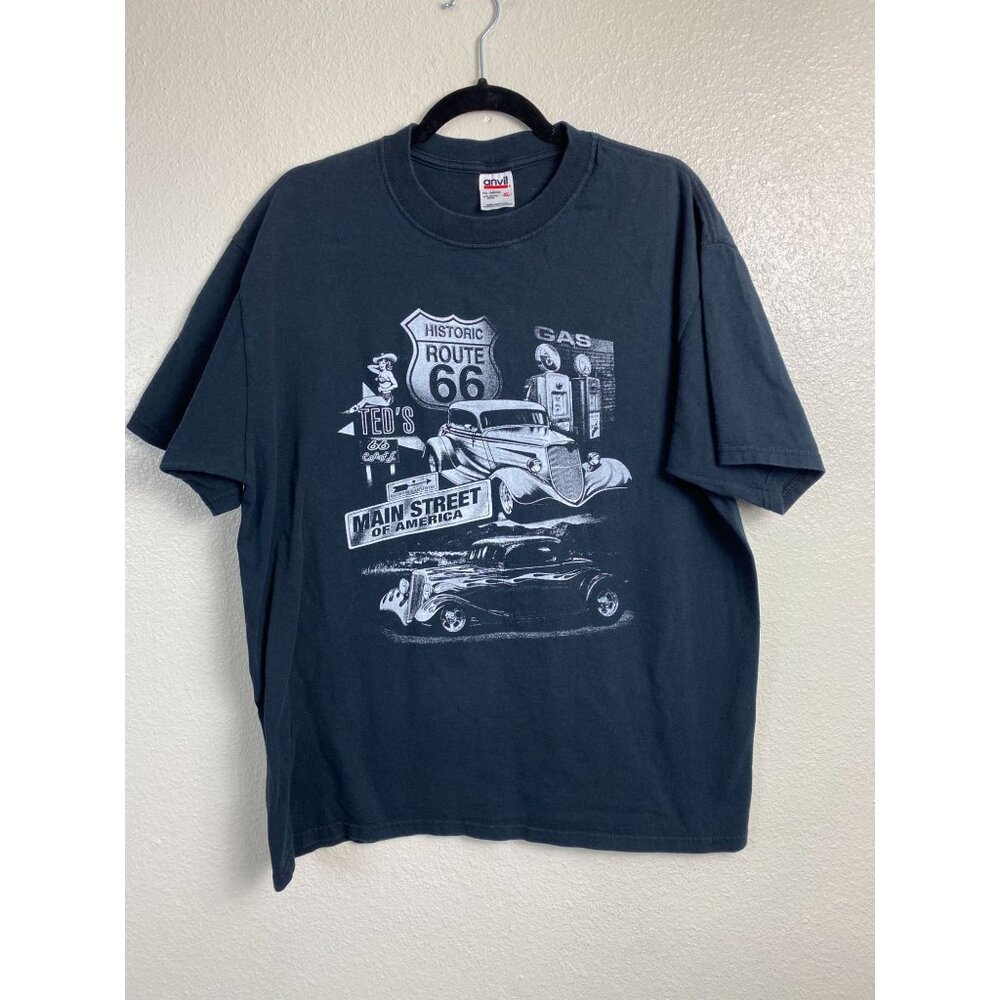 Vintage Anvil Route 66 Graphic Black T-Shirt Men size XL Cars Y2K Short sleeve